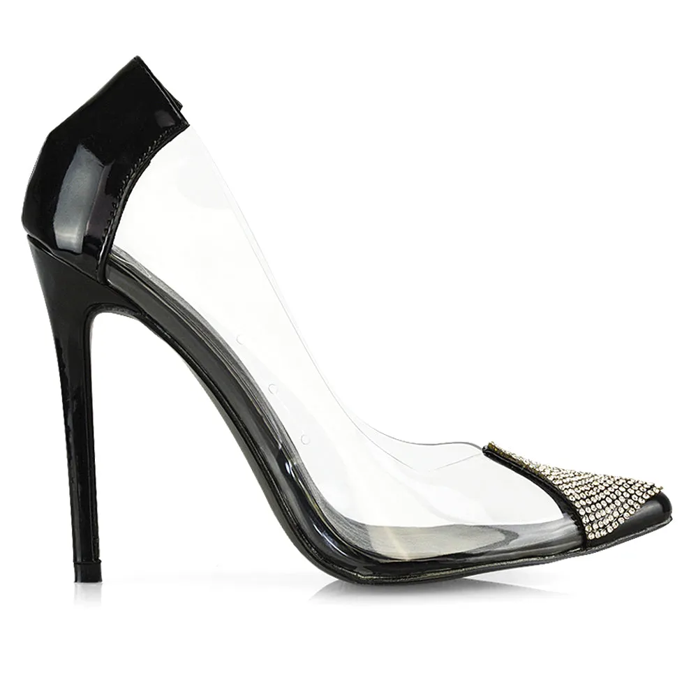Kaz Diamante Detail Pointed Toe Perspex Stiletto Court Heel Sandals in Black