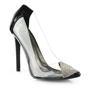 Kaz Diamante Detail Pointed Toe Perspex Stiletto Court Heel Sandals in Black