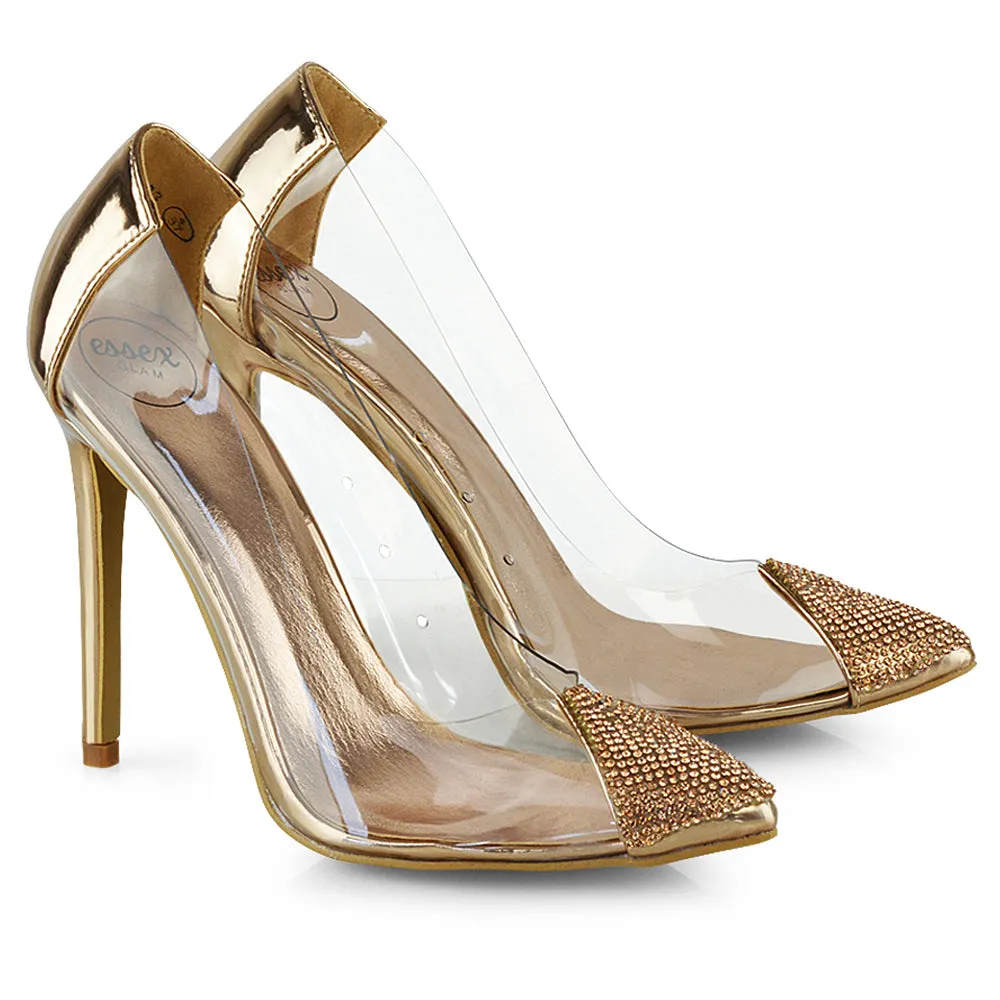 Kaz Diamante Detail Pointed Toe Perspex Stiletto Court Heel Sandals in Rose Gold