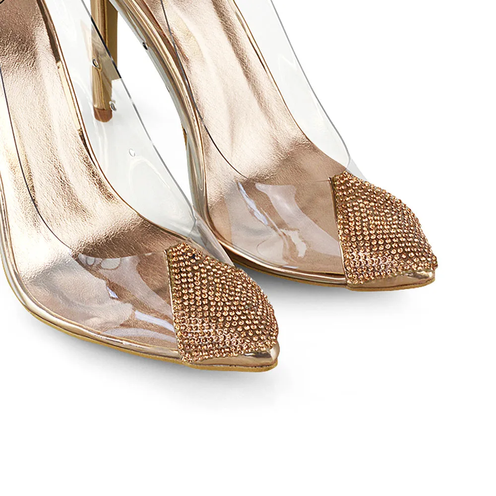 Kaz Diamante Detail Pointed Toe Perspex Stiletto Court Heel Sandals in Rose Gold