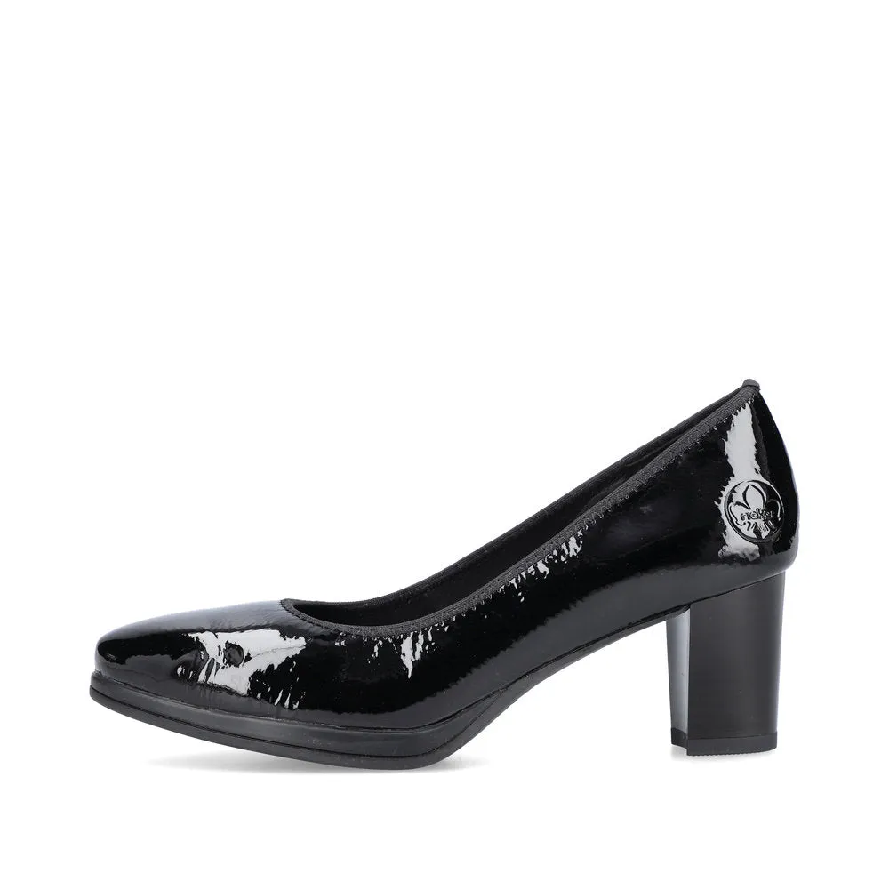 Ladies Black Patent Leather Rieker Shoes Mid Heel Court 49560-04 sale