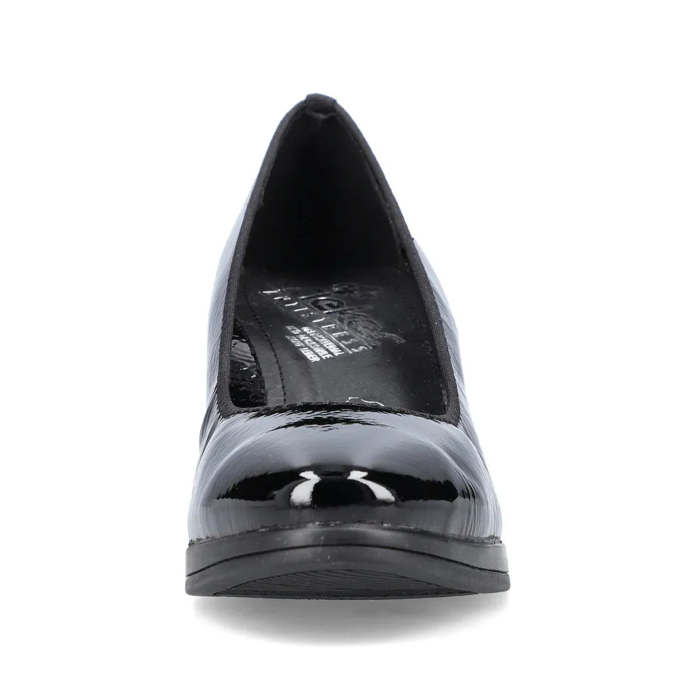 Ladies Black Patent Leather Rieker Shoes Mid Heel Court 49560-04 sale