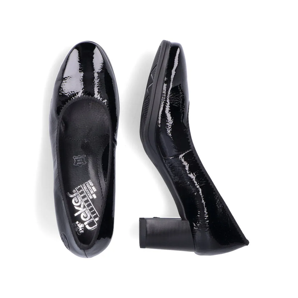 Ladies Black Patent Leather Rieker Shoes Mid Heel Court 49560-04 sale