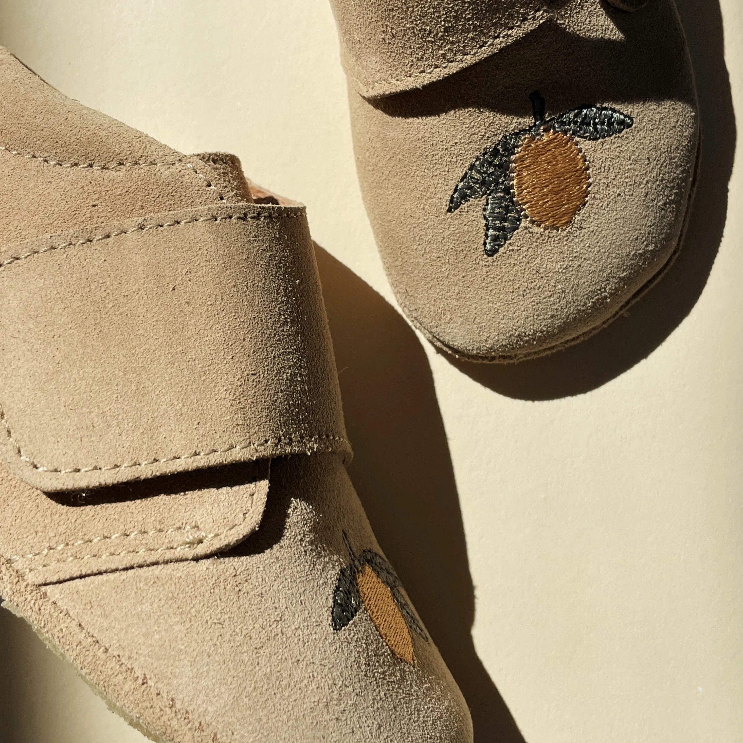 Lemon Embroidered Suede Baby Booties (Sand)