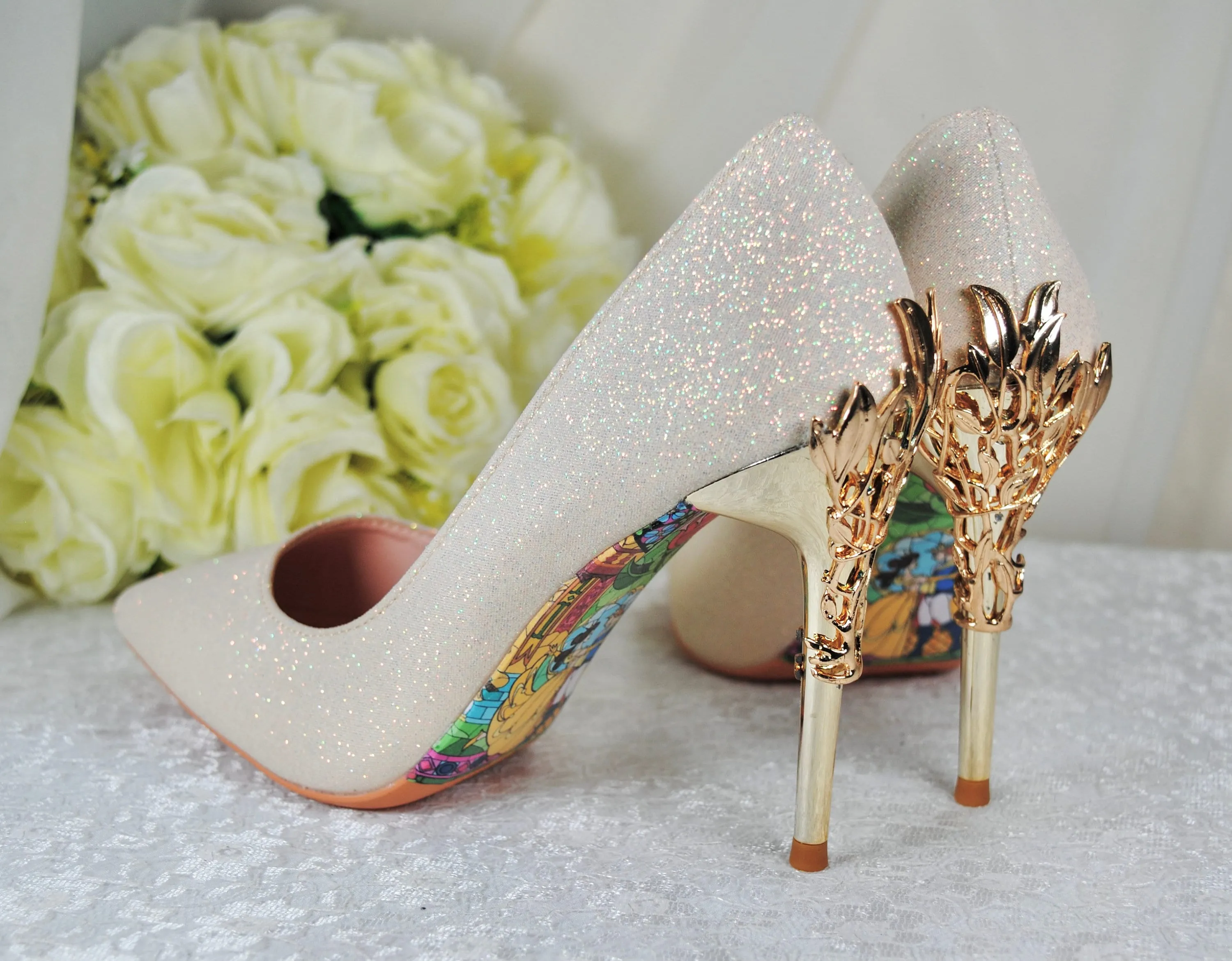 Light Gold Shimmer Wedding Shoes Beauty and the Beast Bridal Filigree Vine Heels