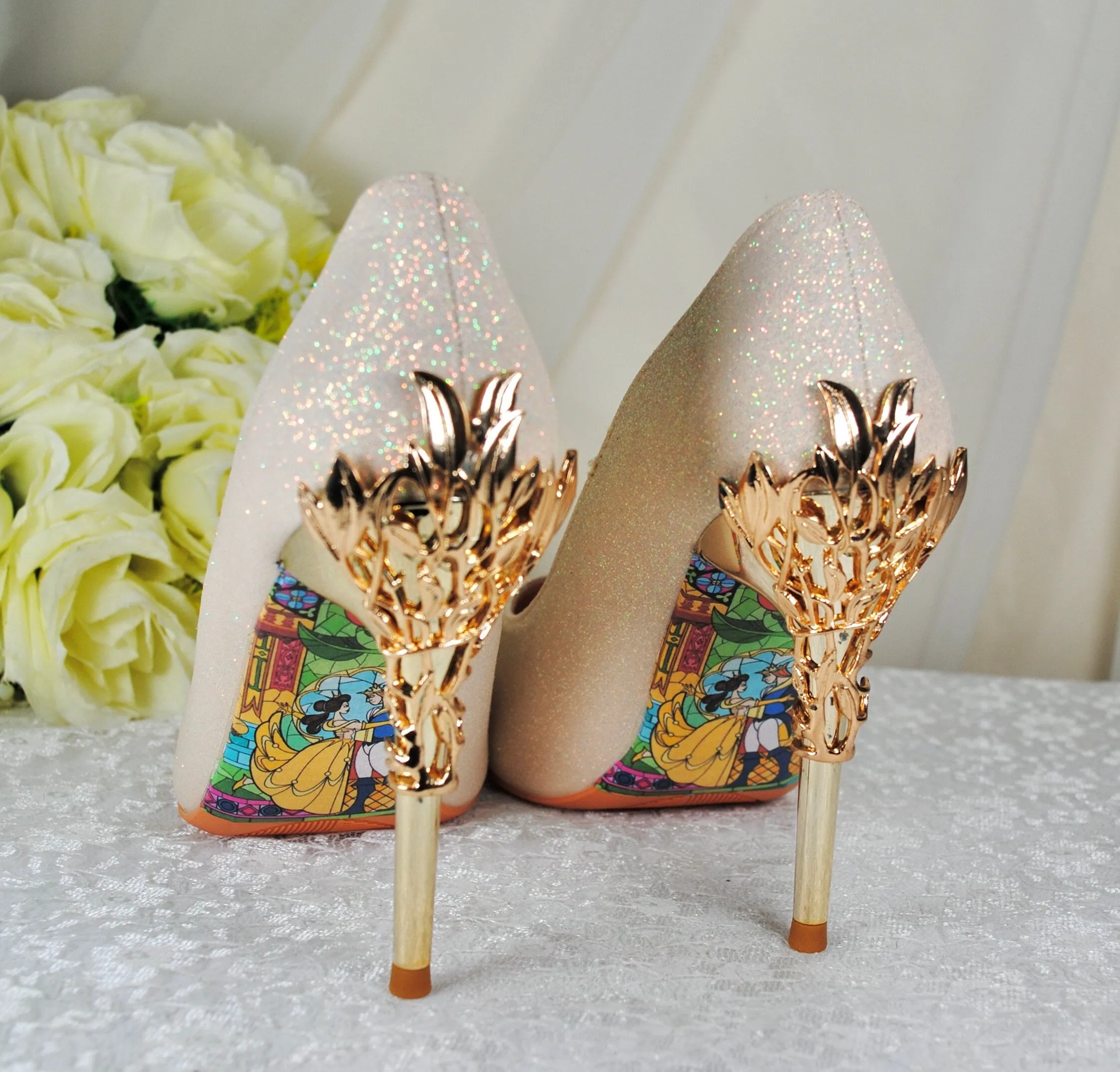 Light Gold Shimmer Wedding Shoes Beauty and the Beast Bridal Filigree Vine Heels