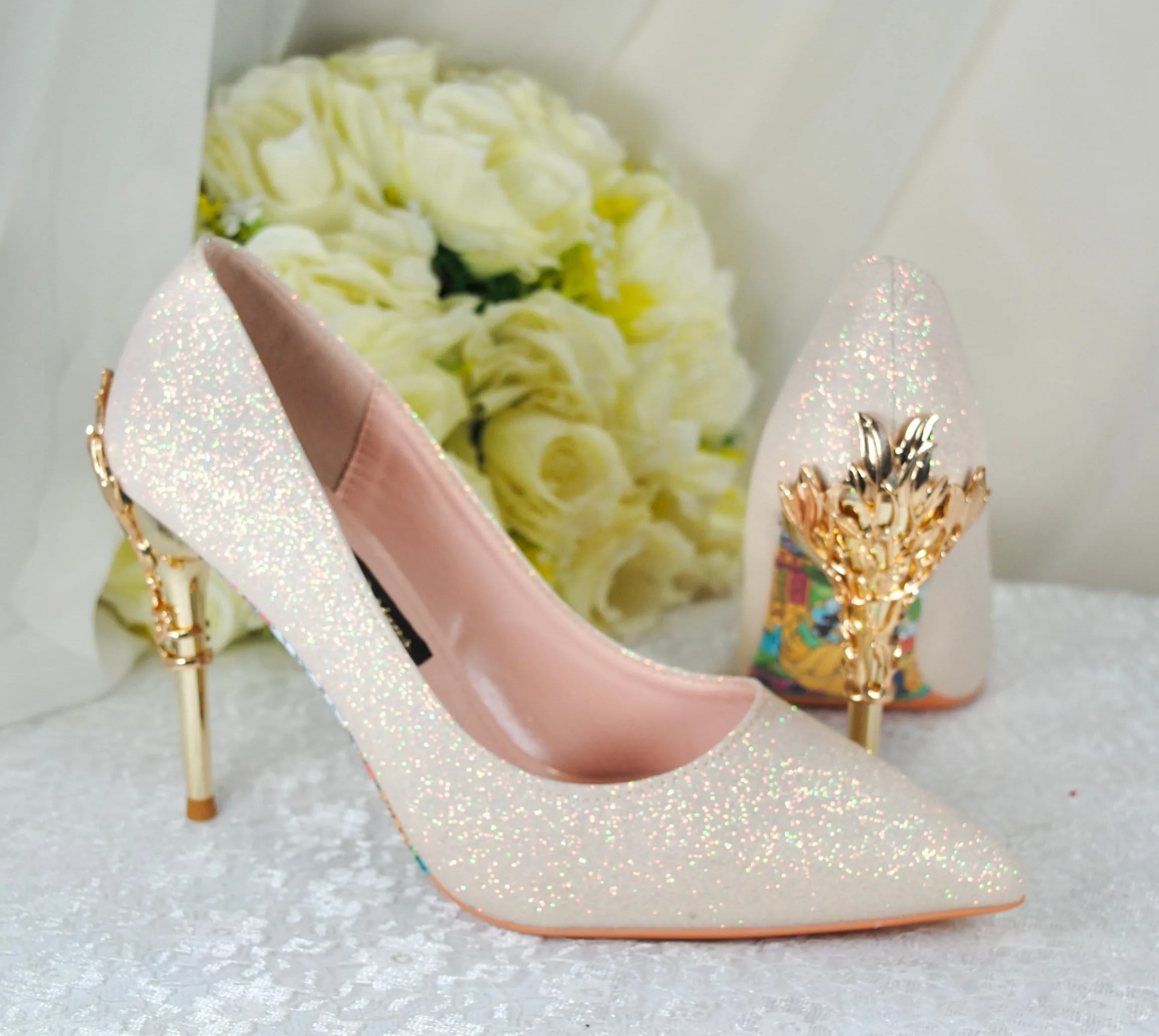 Light Gold Shimmer Wedding Shoes Beauty and the Beast Bridal Filigree Vine Heels