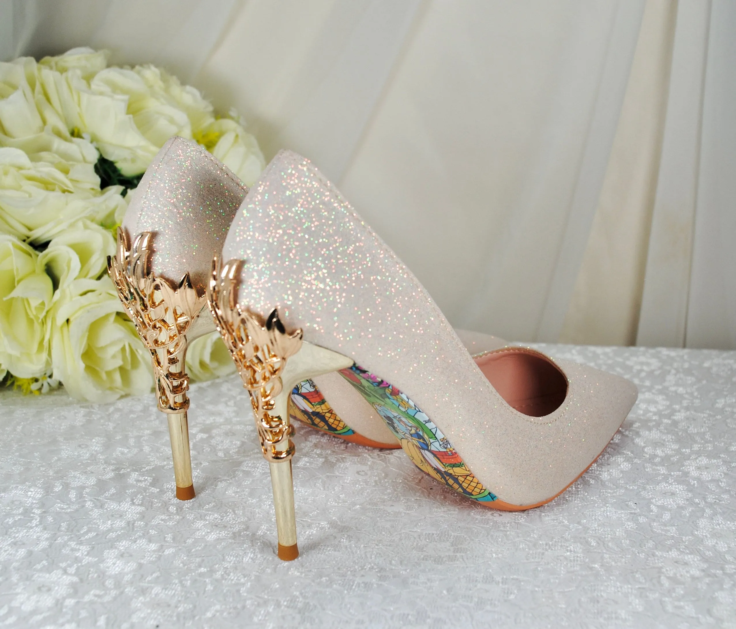 Light Gold Shimmer Wedding Shoes Beauty and the Beast Bridal Filigree Vine Heels