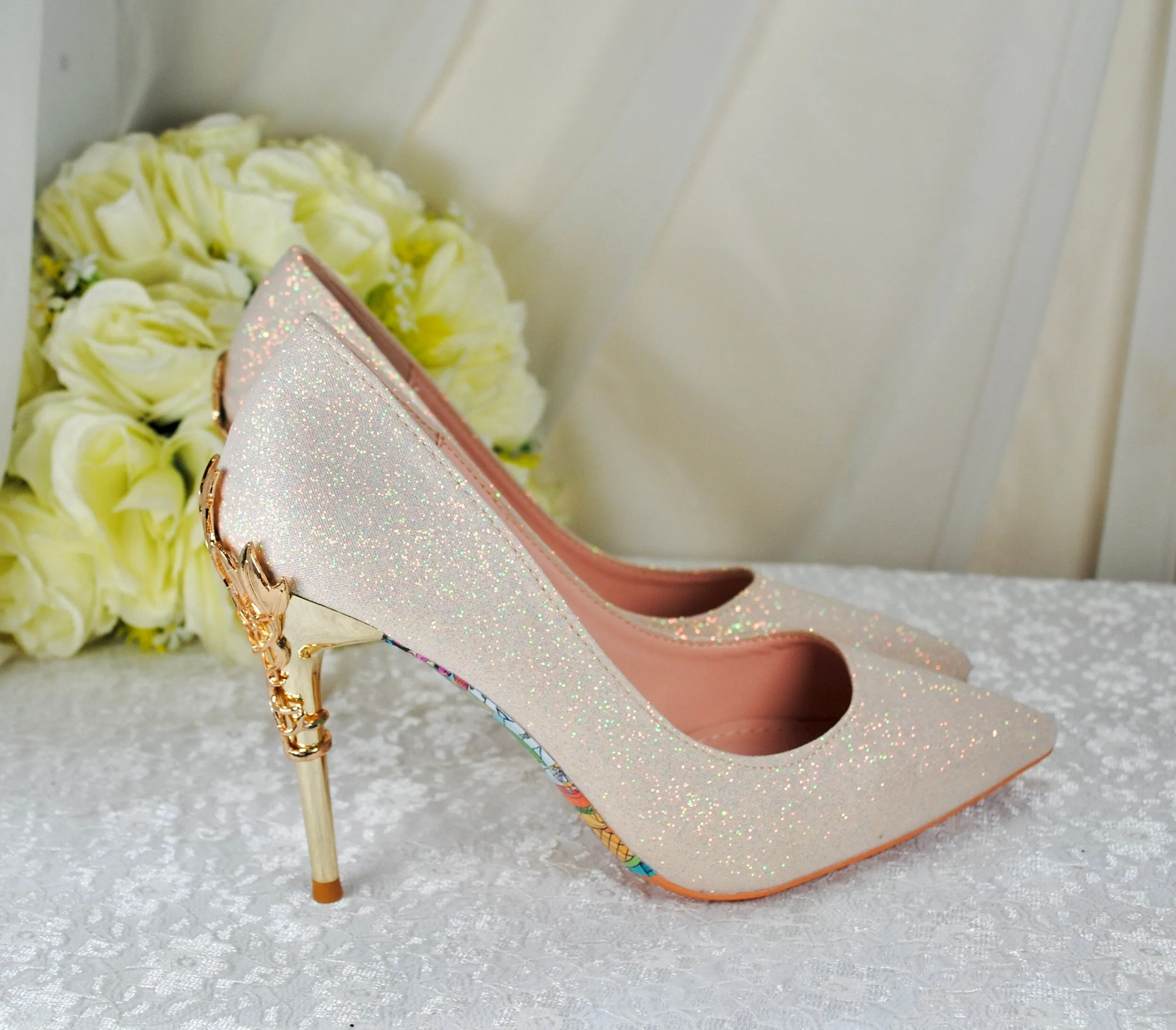 Light Gold Shimmer Wedding Shoes Beauty and the Beast Bridal Filigree Vine Heels