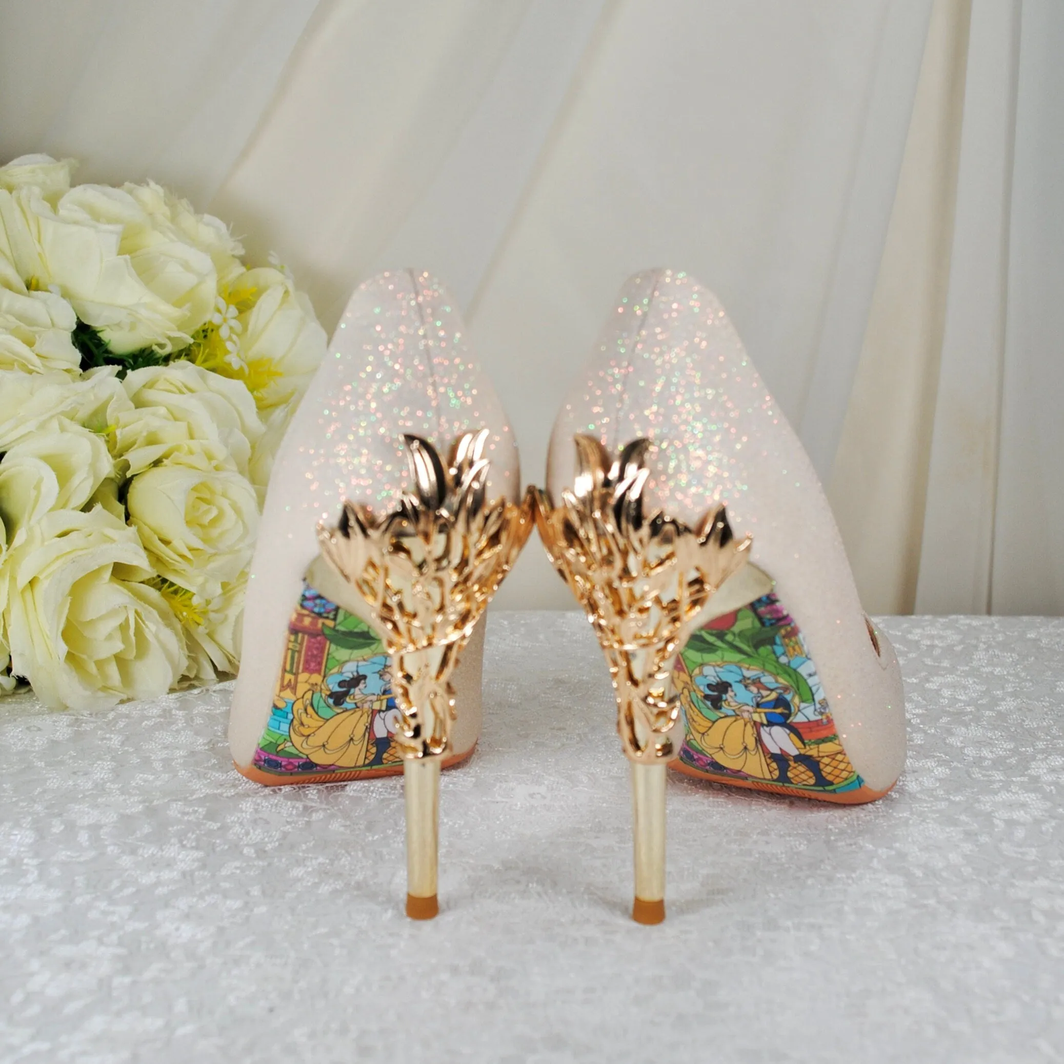 Light Gold Shimmer Wedding Shoes Beauty and the Beast Bridal Filigree Vine Heels