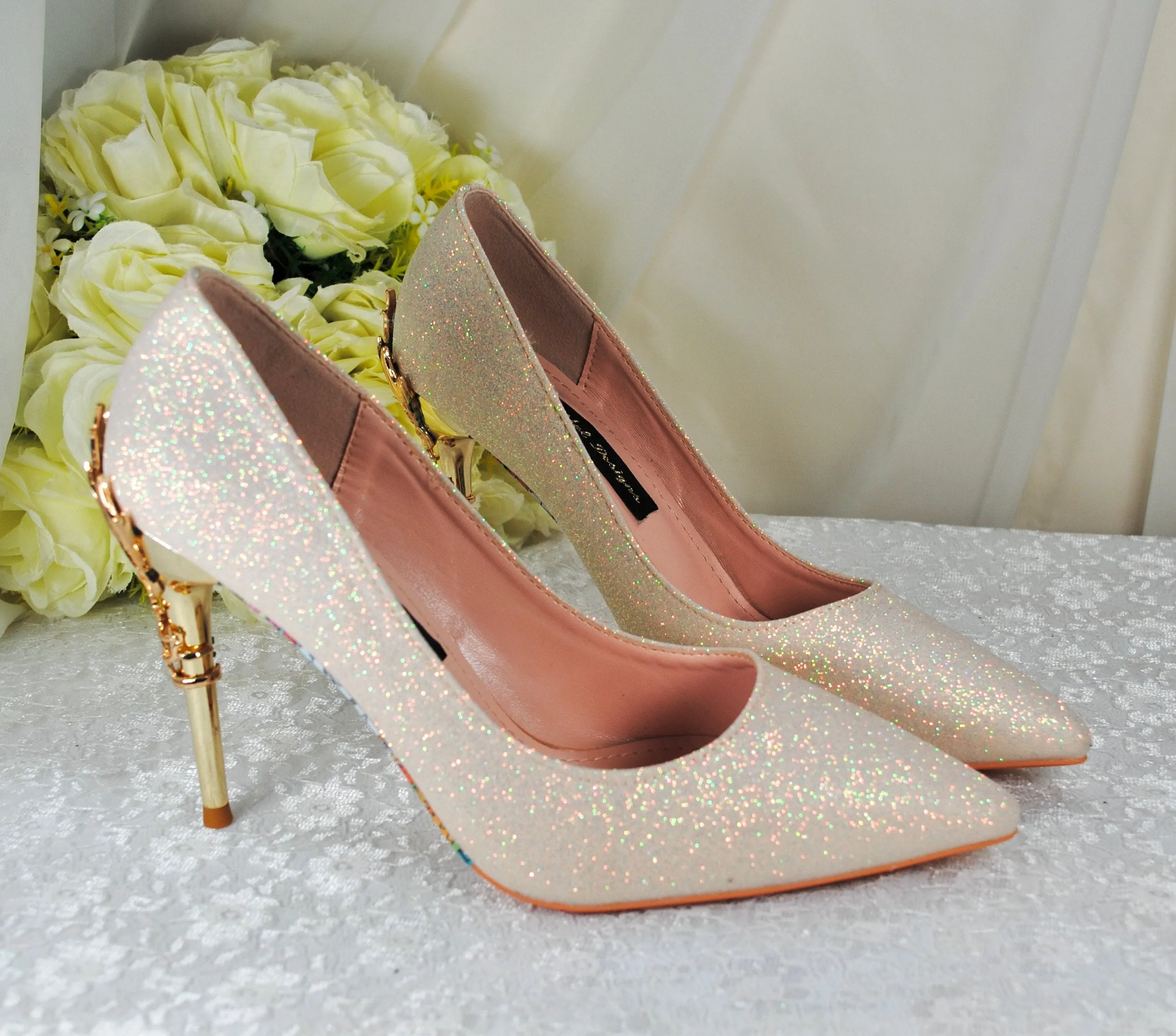 Light Gold Shimmer Wedding Shoes Beauty and the Beast Bridal Filigree Vine Heels