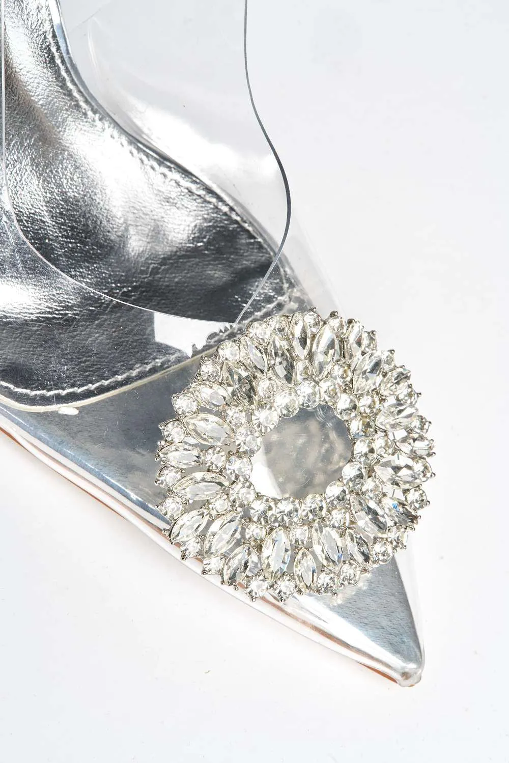 Lolya Diamante Brooch Detail Perspex Court Shoe Heels in Silver