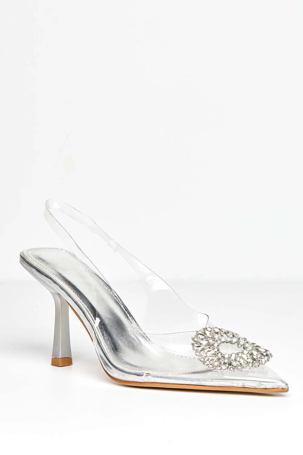Lolya Diamante Brooch Detail Perspex Court Shoe Heels in Silver