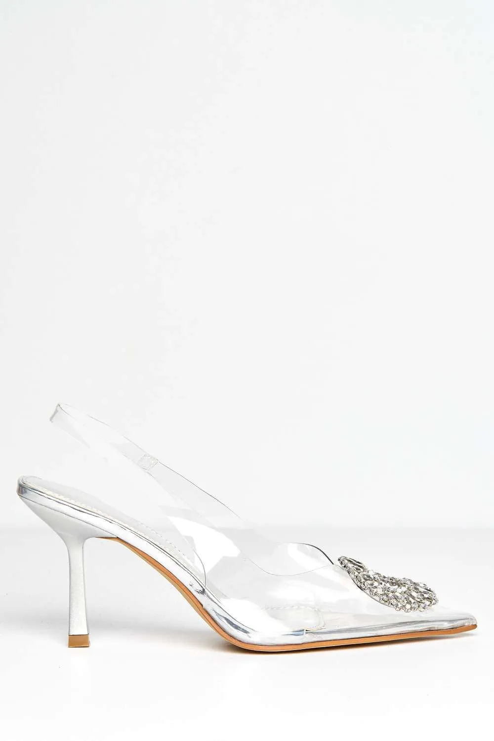 Lolya Diamante Brooch Detail Perspex Court Shoe Heels in Silver