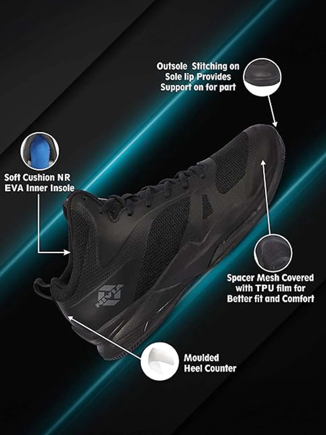 Nivia Combat 2.0 Basketball Shoes For Mens | Phylon, Rubber & Tpu Shank Sole With Spacer Mesh Covered With Tpu Film Upper | Basketball Court Indoor And Outdoor (Black)