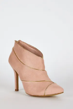 Peach Suedette Gold Trim High Heel Ankle Boots