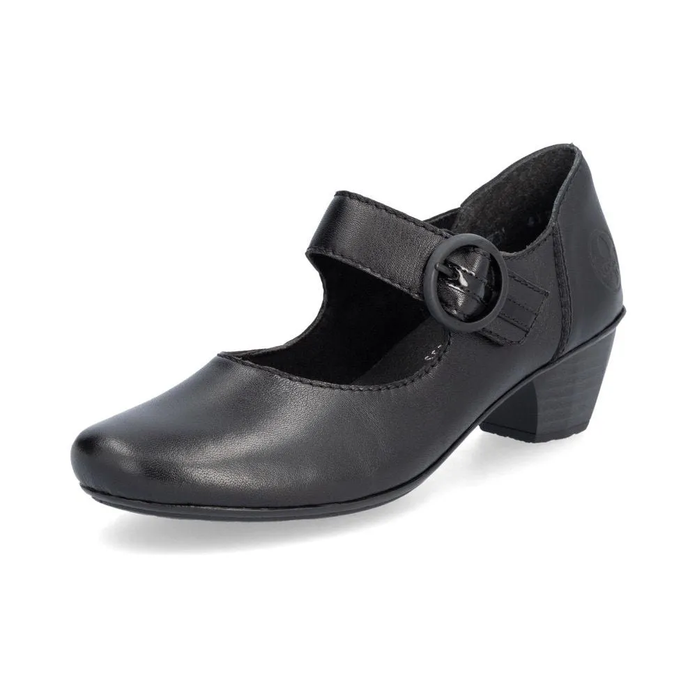 Rieker Ladies Shoe 41756 Low Heeled Court shoe with touch fastening Bar  BLACK 41756-00