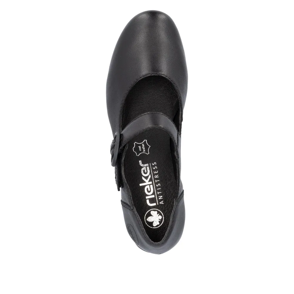 Rieker Ladies Shoe 41756 Low Heeled Court shoe with touch fastening Bar  BLACK 41756-00
