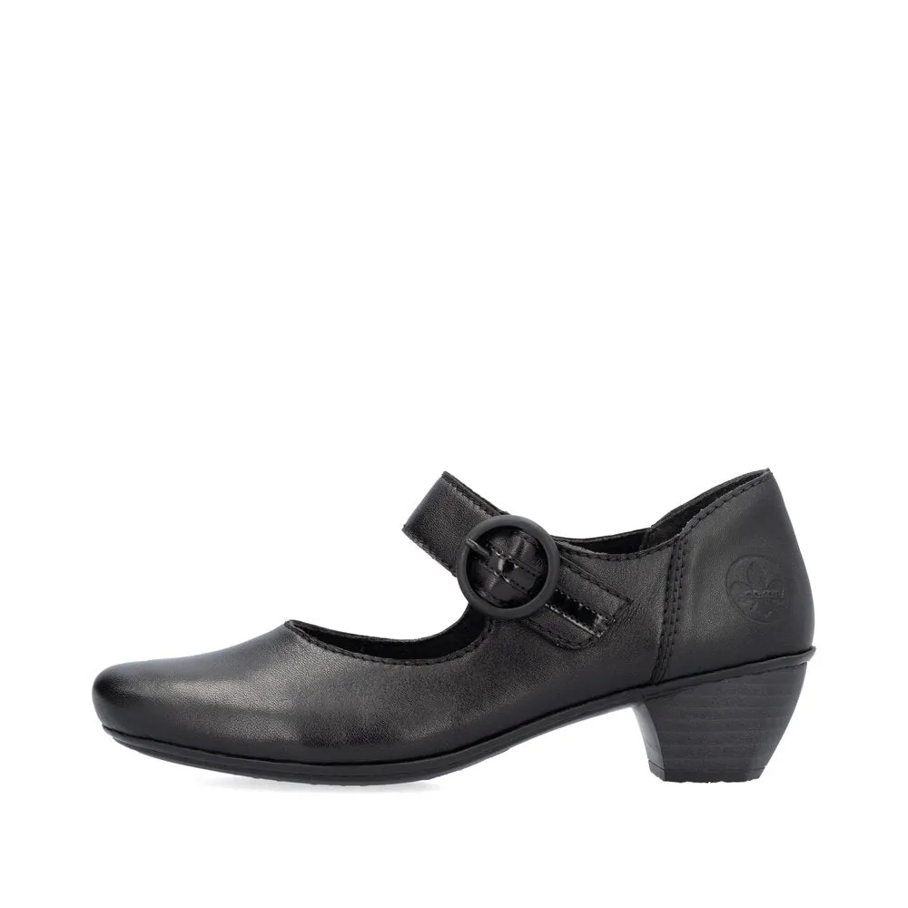 Rieker Ladies Shoe 41756 Low Heeled Court shoe with touch fastening Bar  BLACK 41756-00