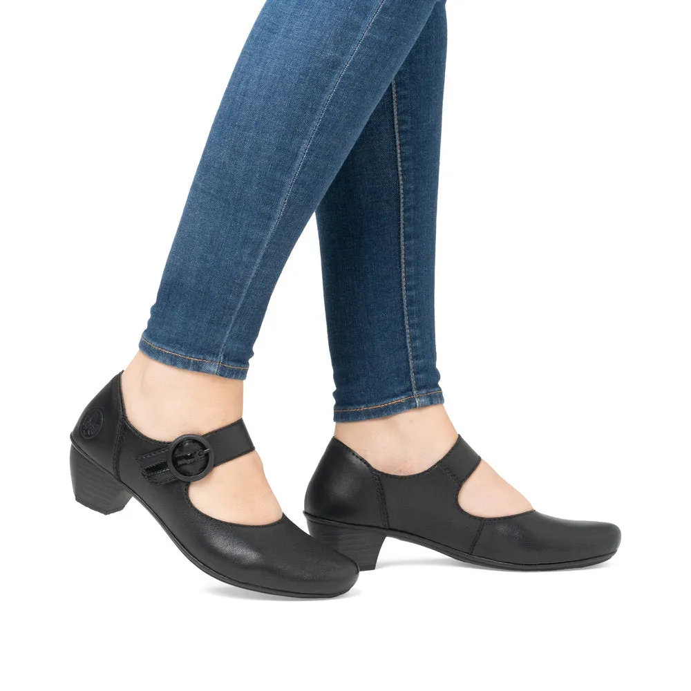 Rieker Ladies Shoe 41756 Low Heeled Court shoe with touch fastening Bar  BLACK 41756-00