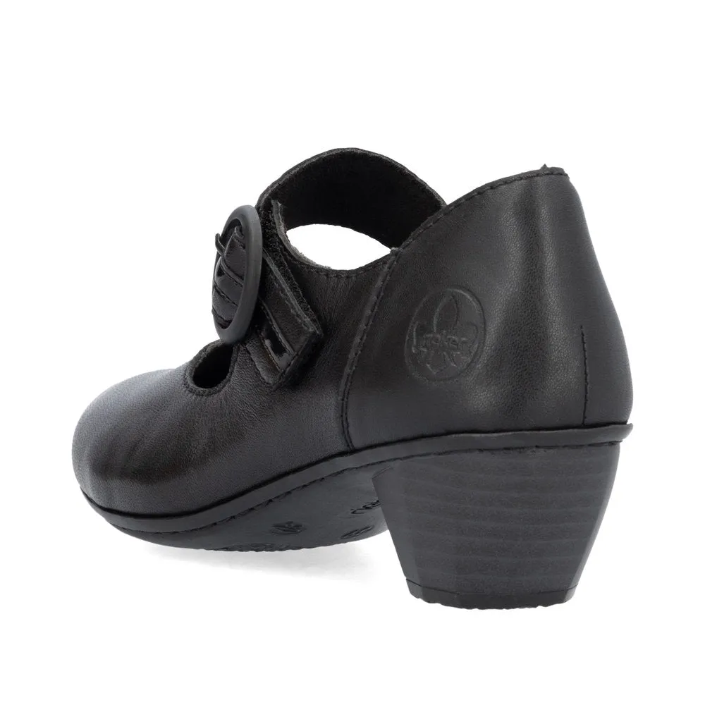 Rieker Ladies Shoe 41756 Low Heeled Court shoe with touch fastening Bar  BLACK 41756-00