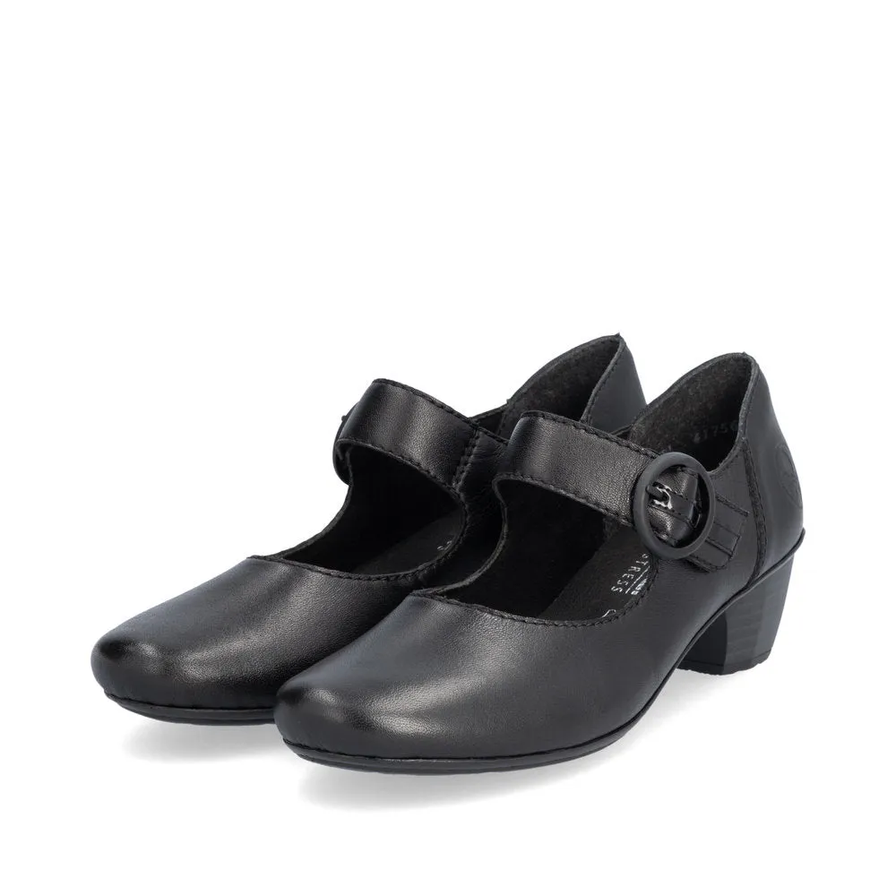 Rieker Ladies Shoe 41756 Low Heeled Court shoe with touch fastening Bar  BLACK 41756-00