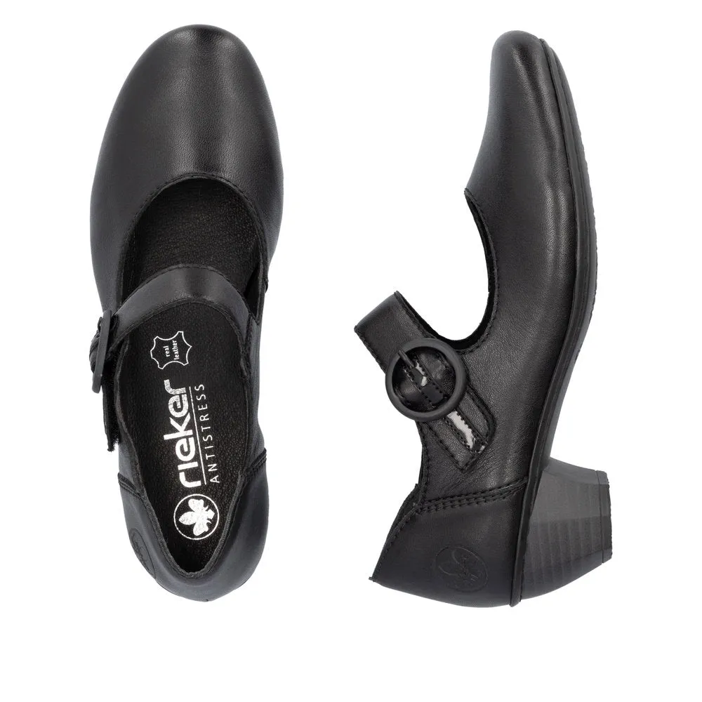 Rieker Ladies Shoe 41756 Low Heeled Court shoe with touch fastening Bar  BLACK 41756-00