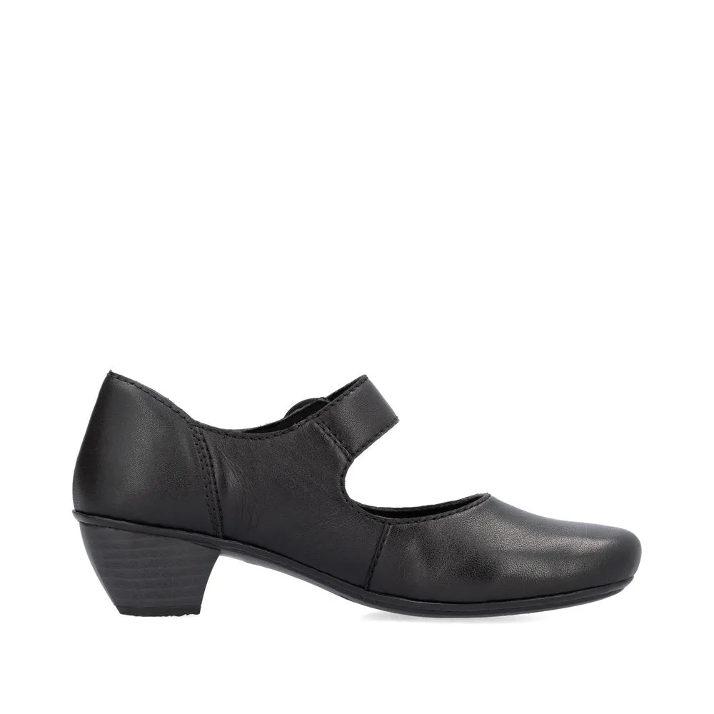 Rieker Ladies Shoe 41756 Low Heeled Court shoe with touch fastening Bar  BLACK 41756-00