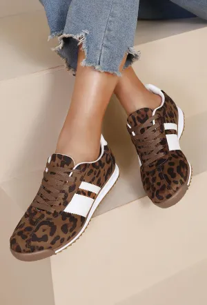 ROUND TOE SIDE LINE STRIPPED DETAILED GUM SOLE TRAINERS IN LEOPARD