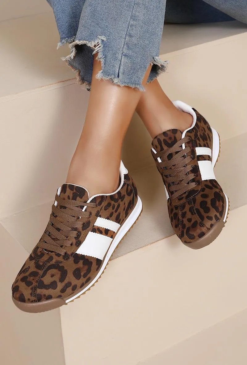 ROUND TOE SIDE LINE STRIPPED DETAILED GUM SOLE TRAINERS IN LEOPARD