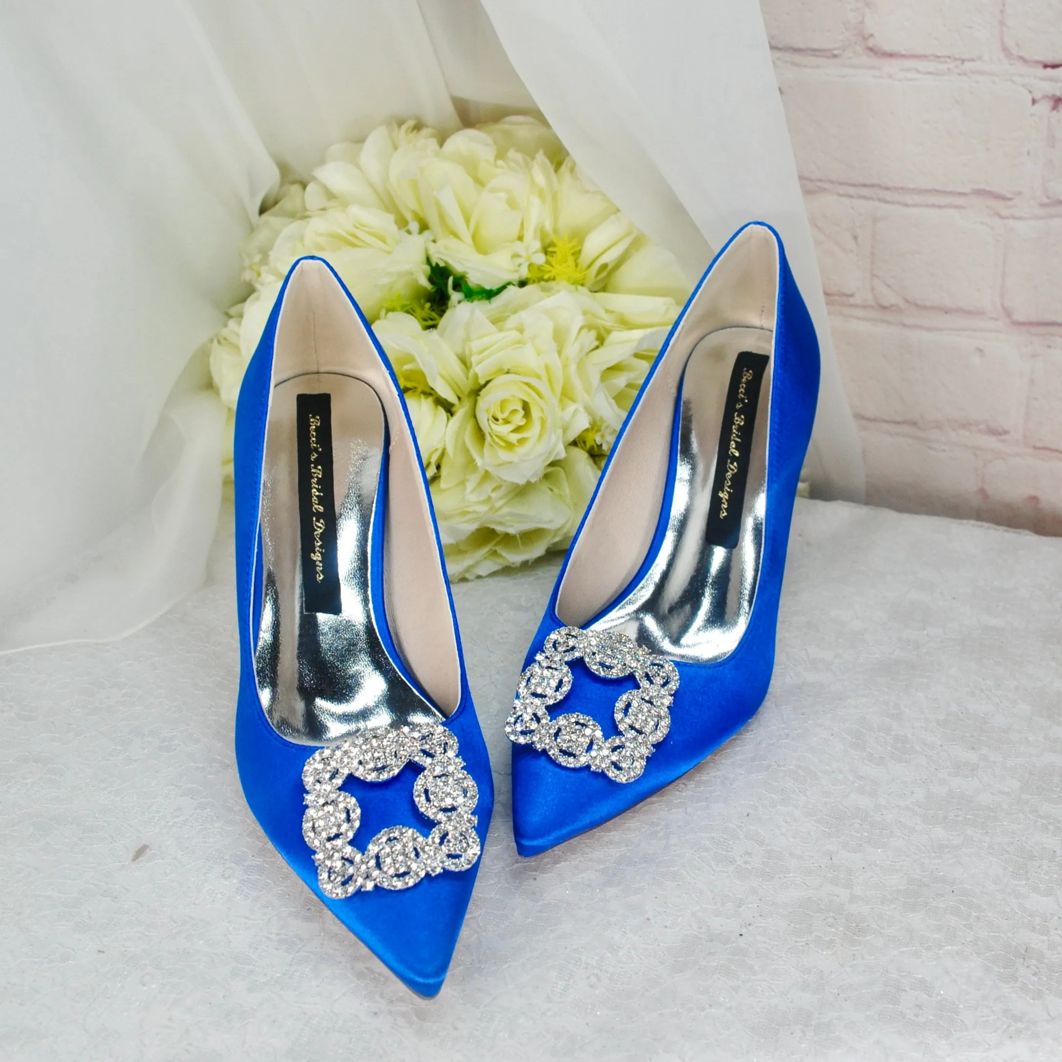Satin Court Shoe with Designer Square Crystal Decoration - Other Colours