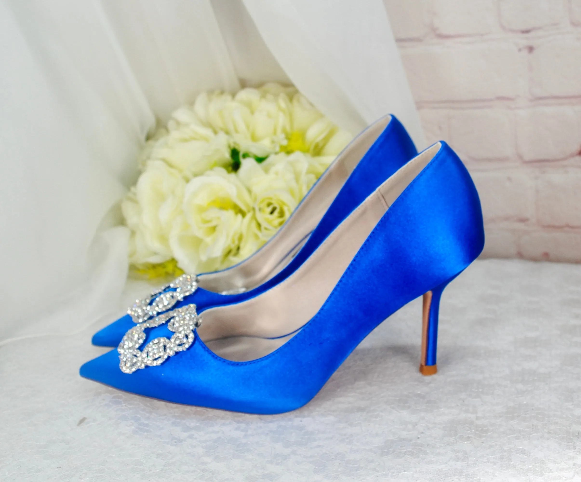 Satin Court Shoe with Designer Square Crystal Decoration - Other Colours