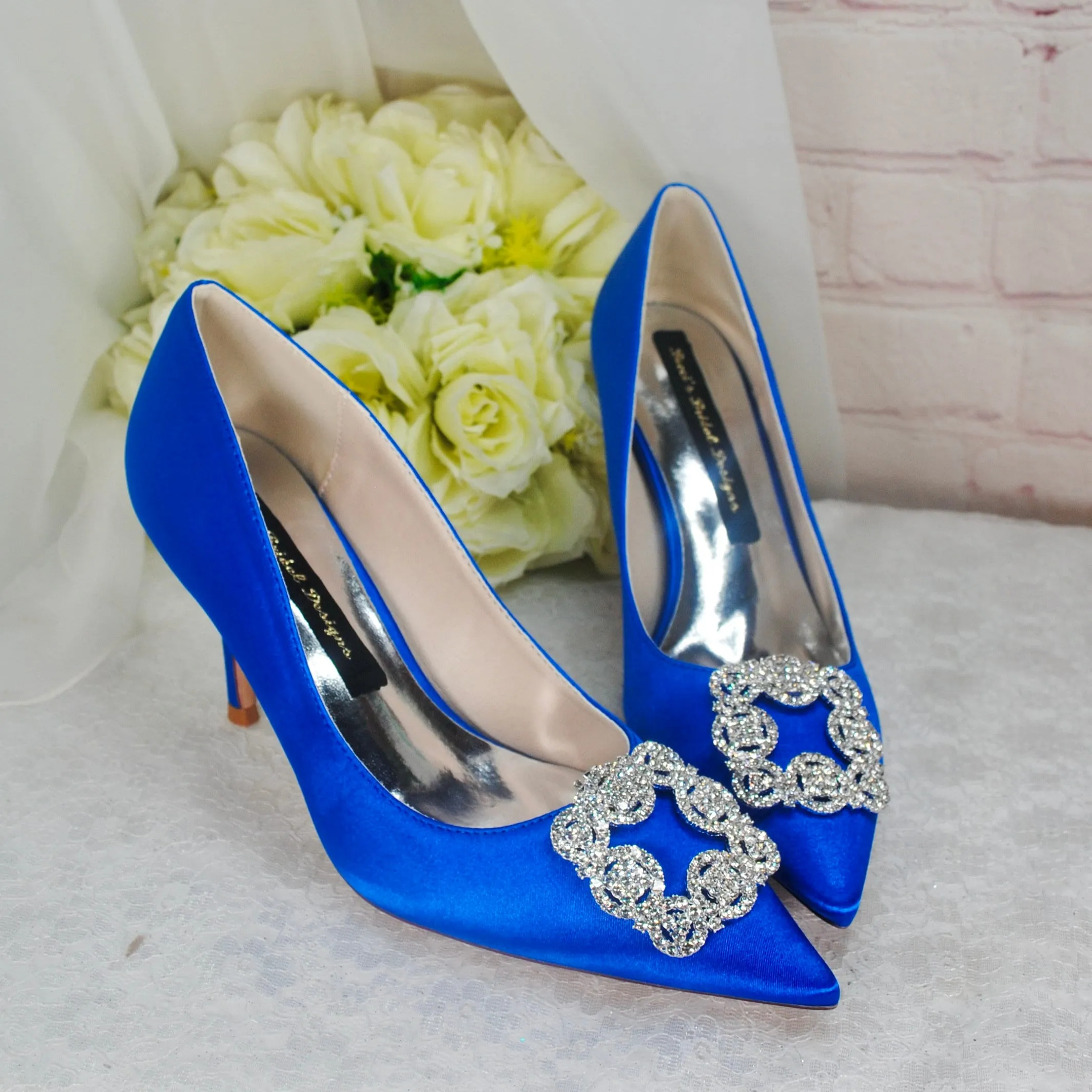 Satin Court Shoe with Designer Square Crystal Decoration - Other Colours
