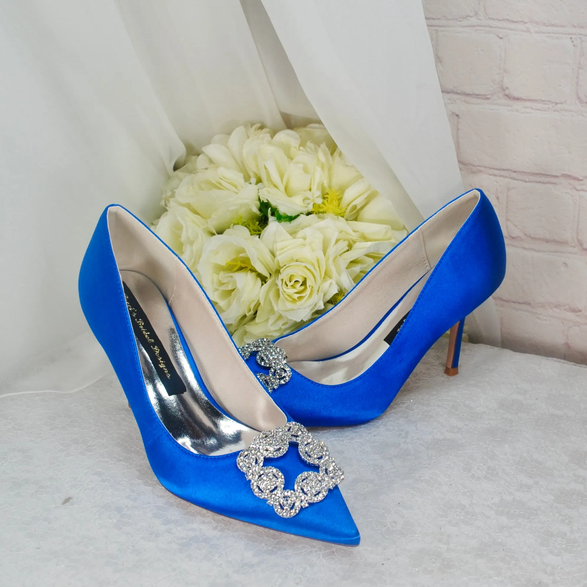 Satin Court Shoe with Designer Square Crystal Decoration - Other Colours