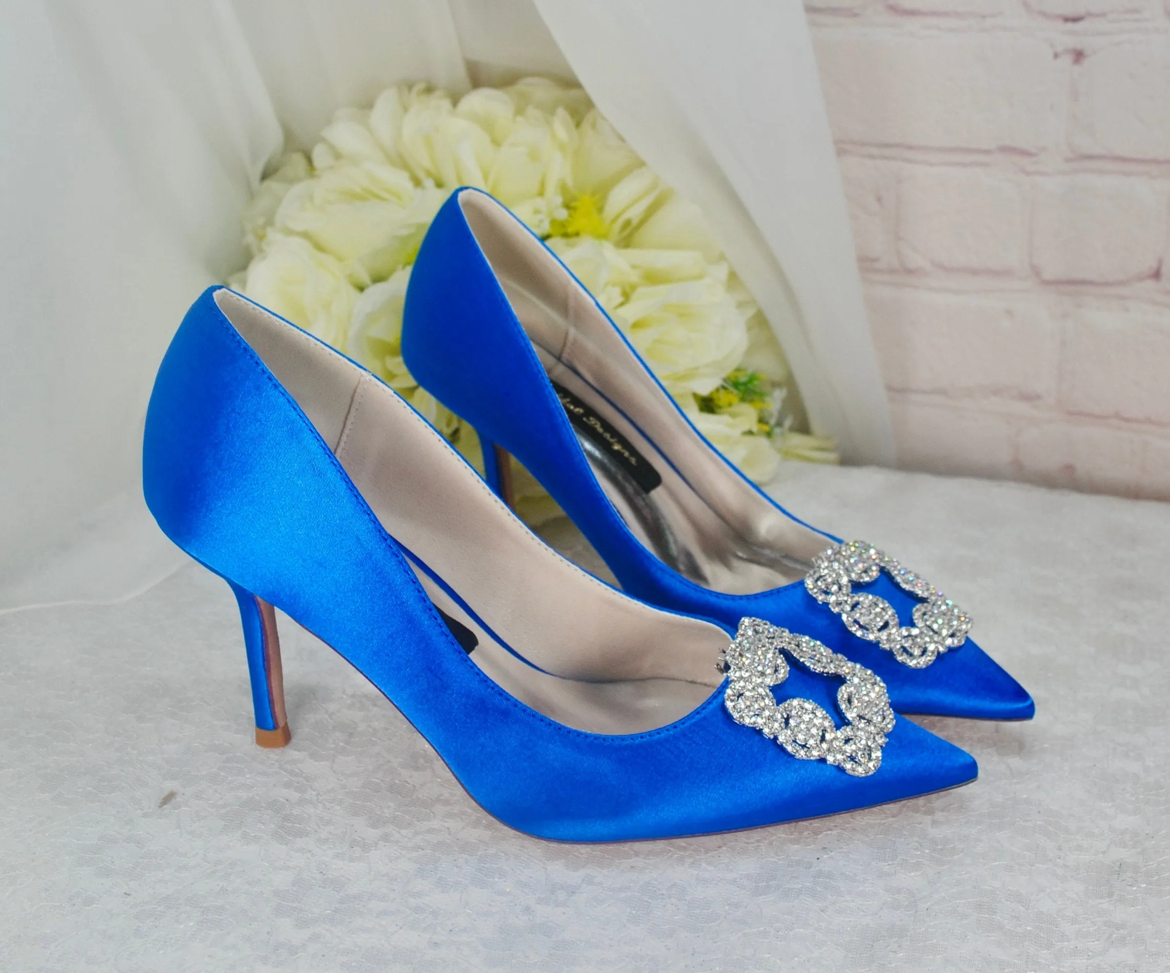 Satin Court Shoe with Designer Square Crystal Decoration - Other Colours