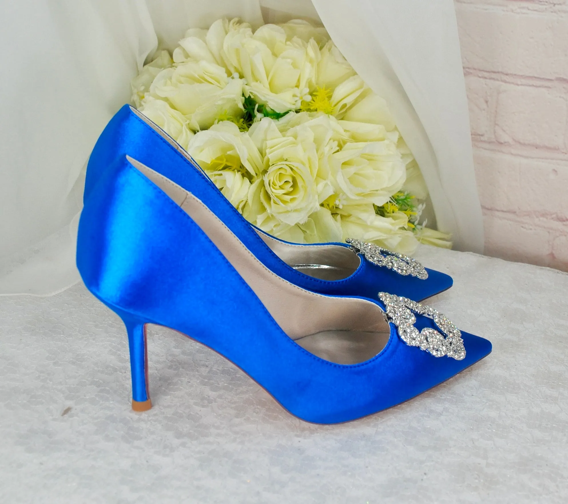 Satin Court Shoe with Designer Square Crystal Decoration - Other Colours