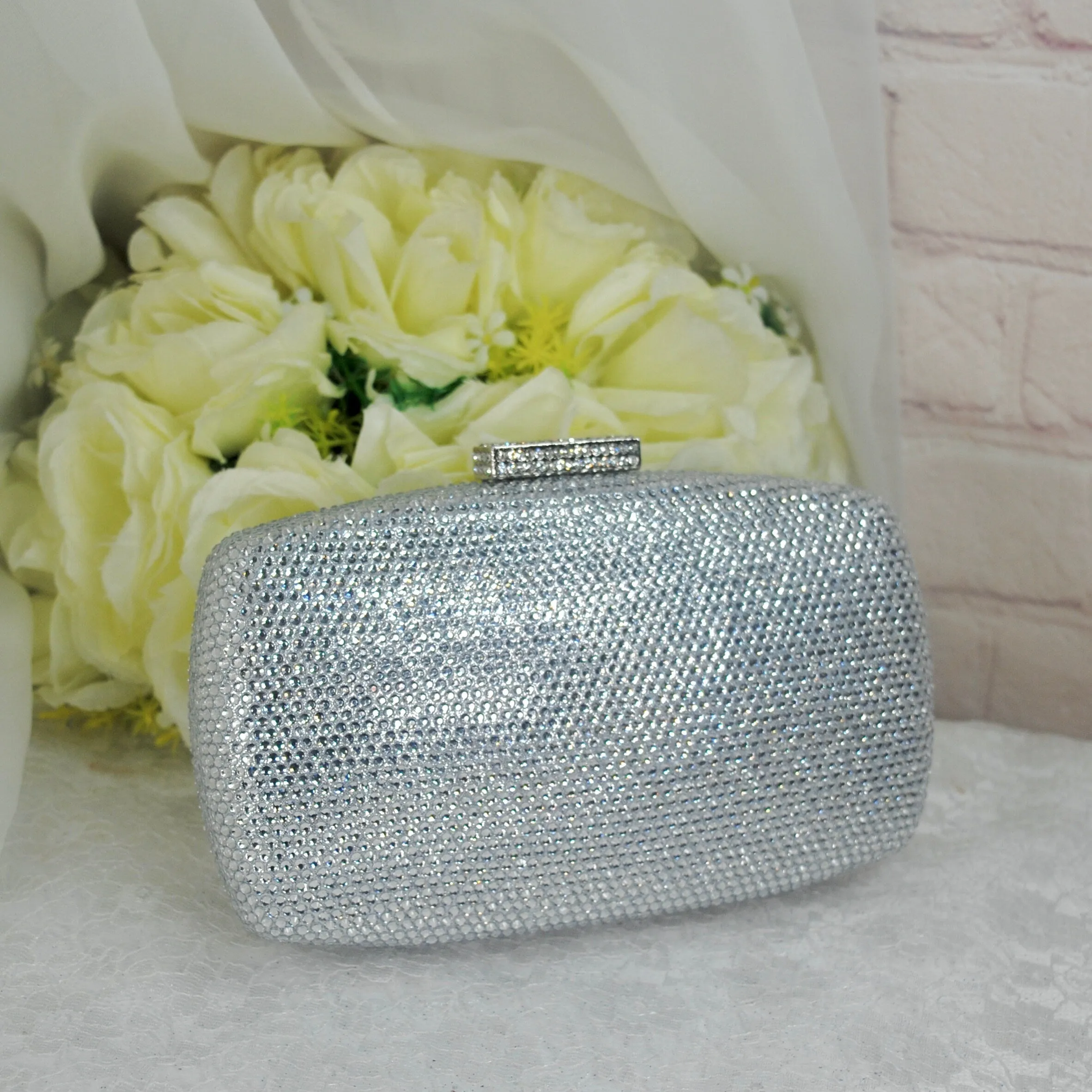 Silver Crystal Cinderella Heels with Matching Clutch Bag