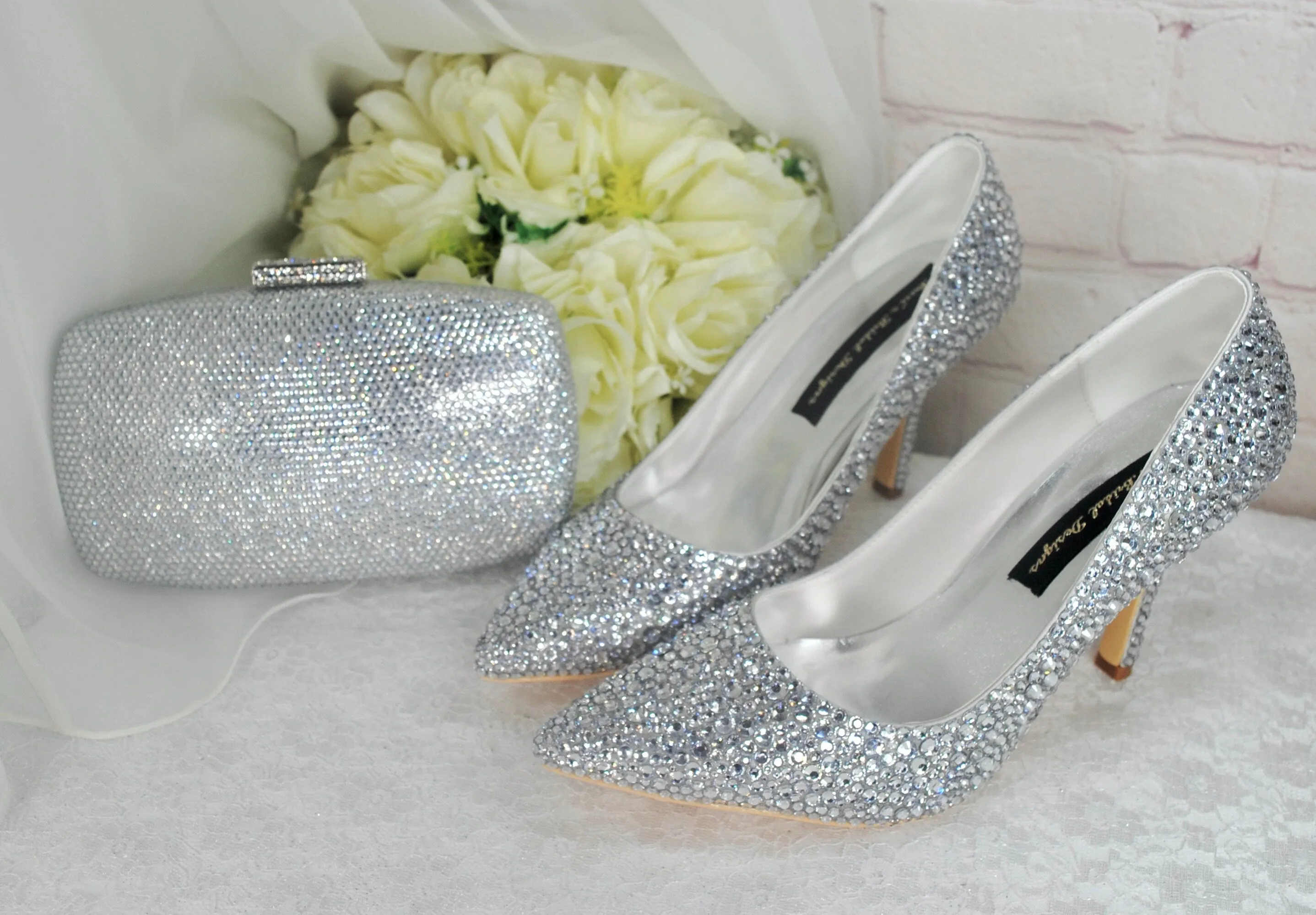 Silver Crystal Cinderella Heels with Matching Clutch Bag