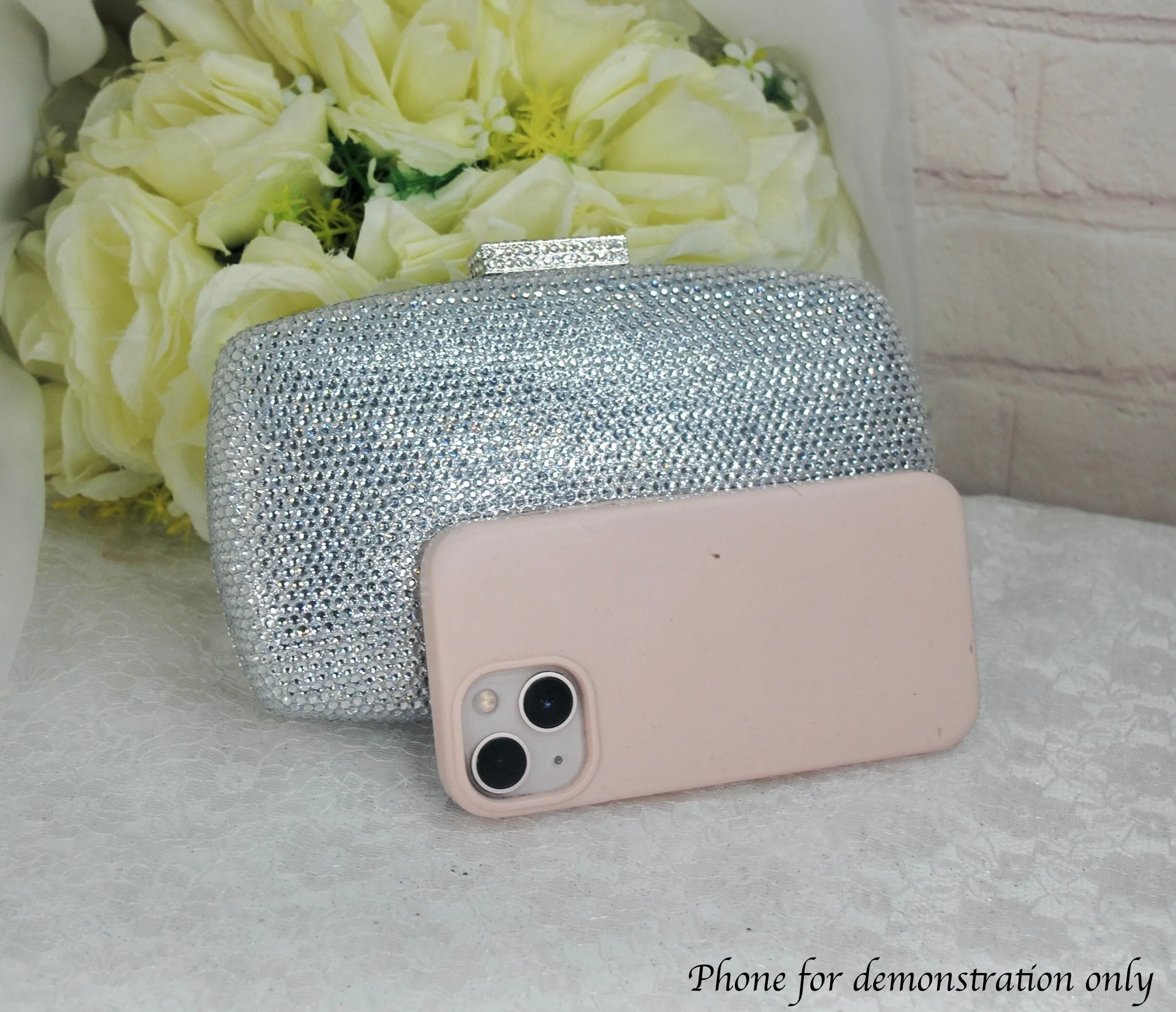 Silver Crystal Cinderella Heels with Matching Clutch Bag