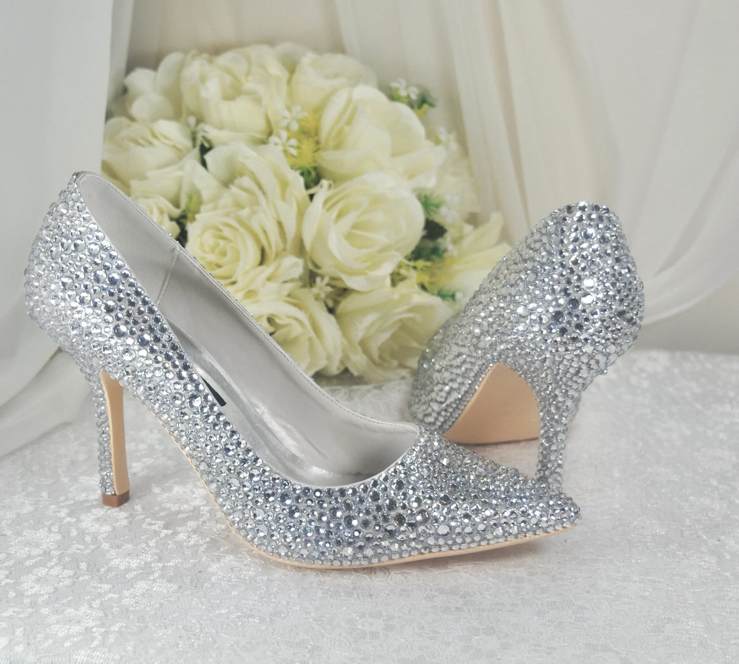 Silver Crystal Cinderella Heels with Matching Clutch Bag