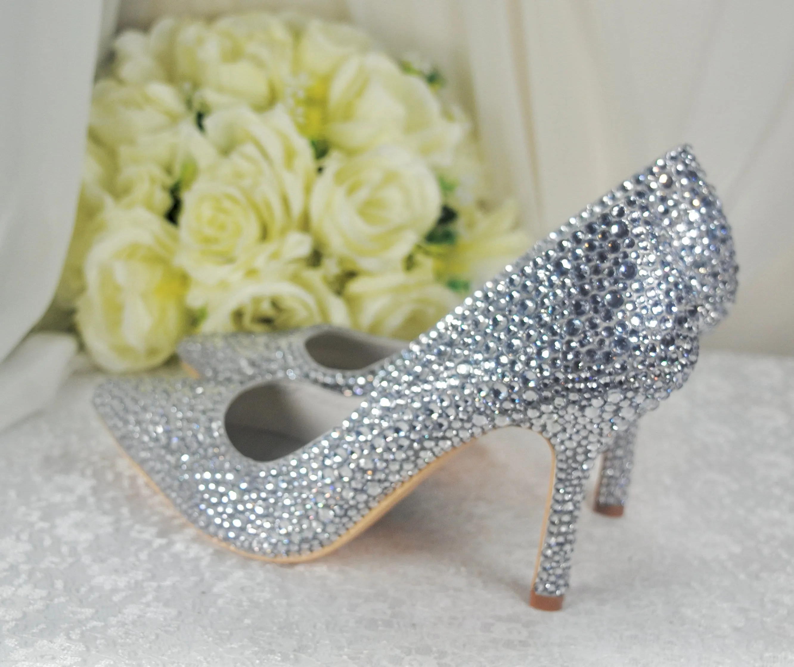 Silver Crystal Cinderella Heels with Matching Clutch Bag