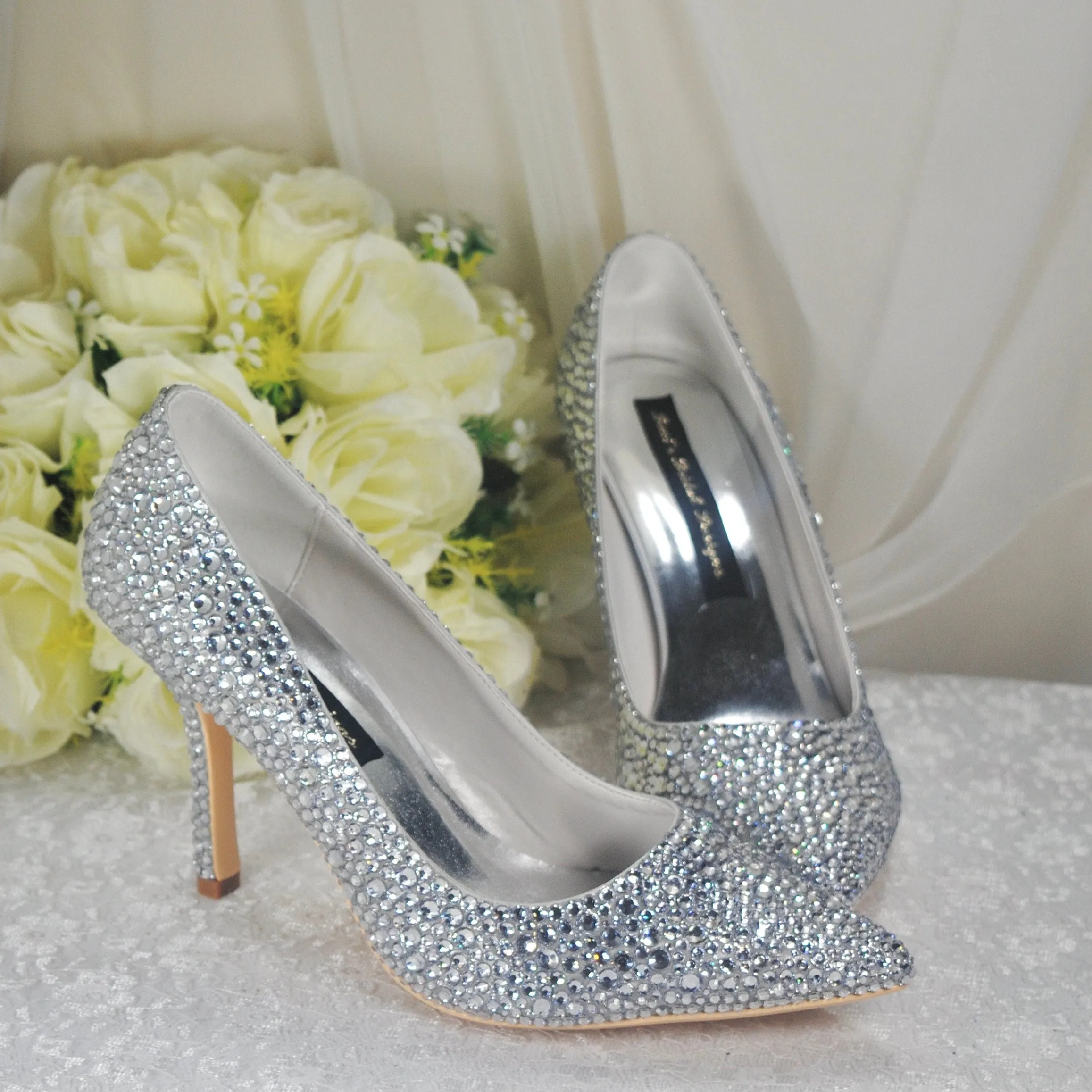 Silver Crystal Cinderella Heels with Matching Clutch Bag