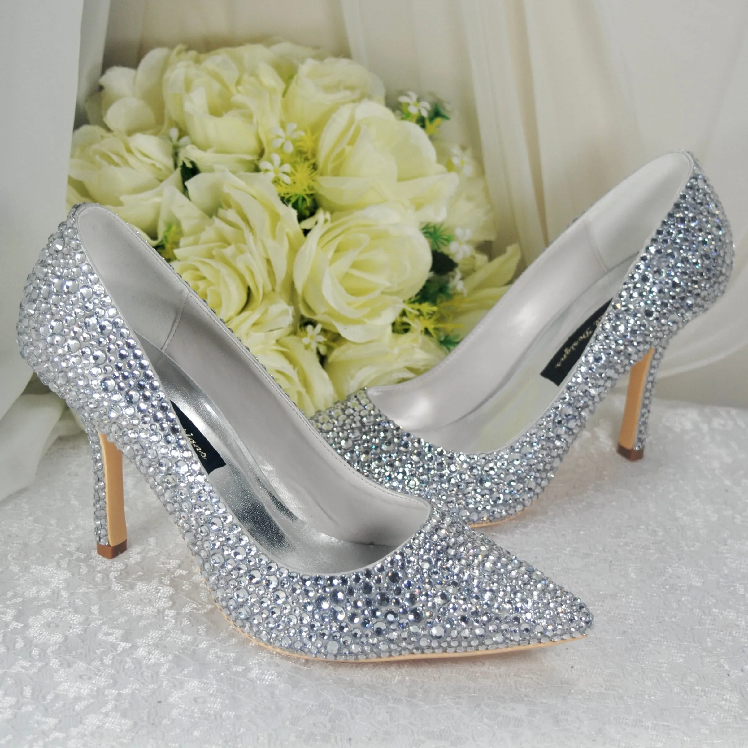Silver Crystal Cinderella Heels with Matching Clutch Bag