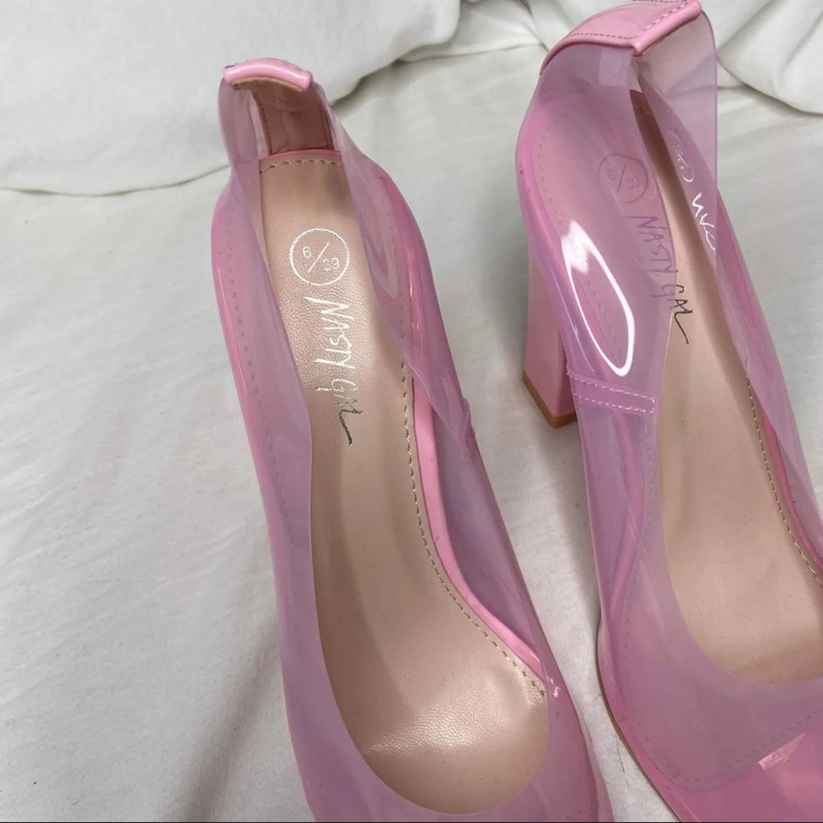 Size 6 Nasty Gal Pink Clear Almond Block Court Heels