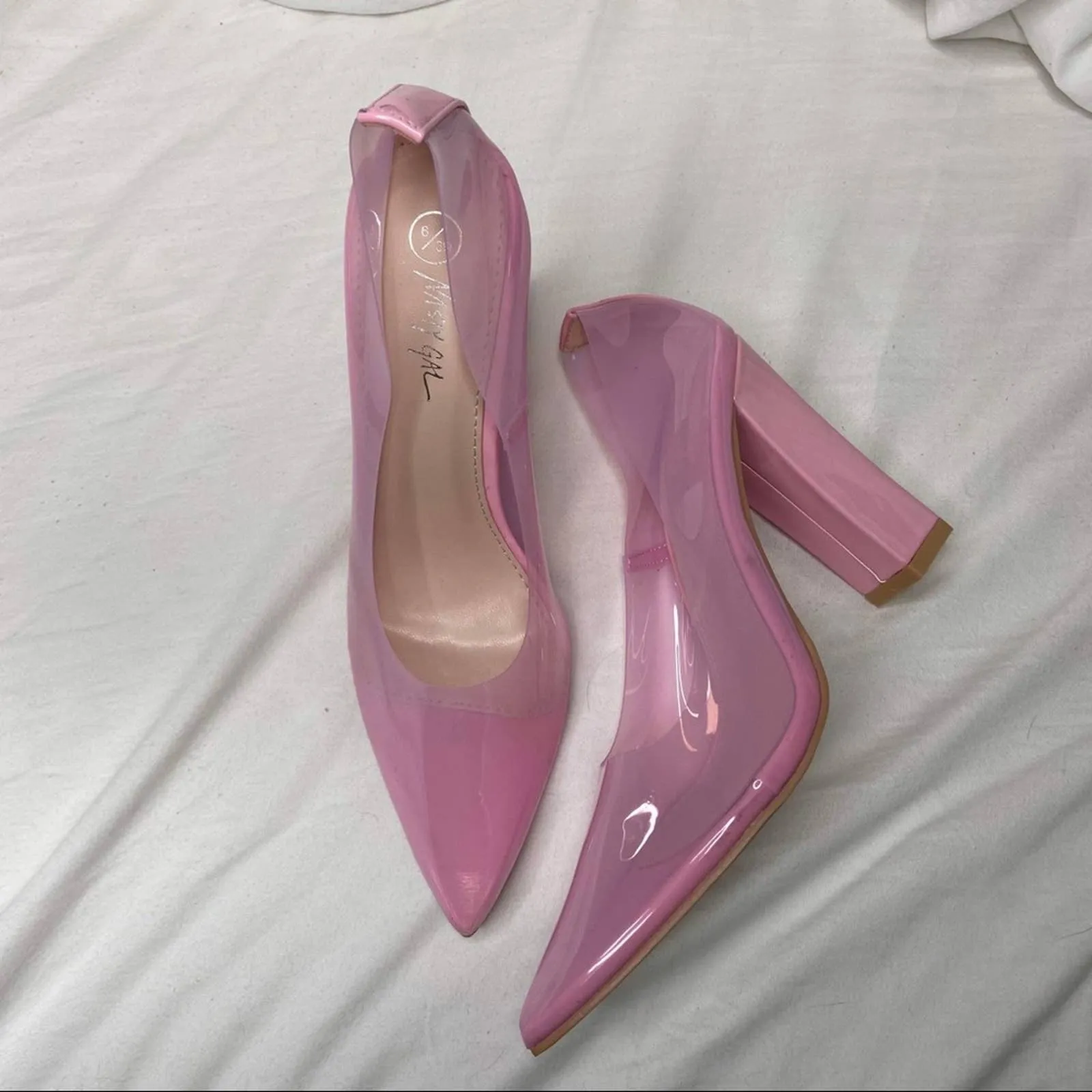 Size 6 Nasty Gal Pink Clear Almond Block Court Heels