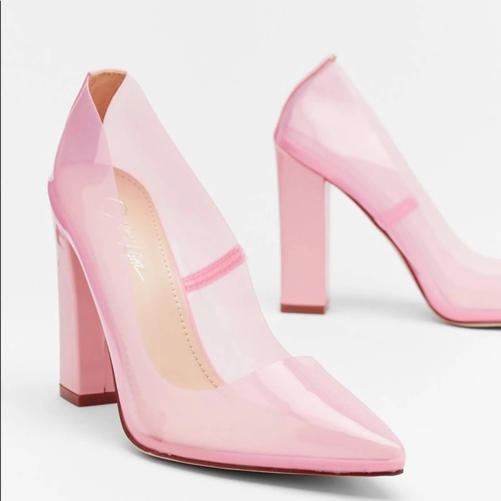 Size 6 Nasty Gal Pink Clear Almond Block Court Heels