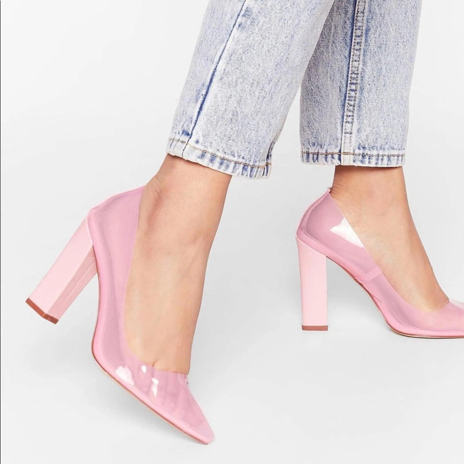 Size 6 Nasty Gal Pink Clear Almond Block Court Heels