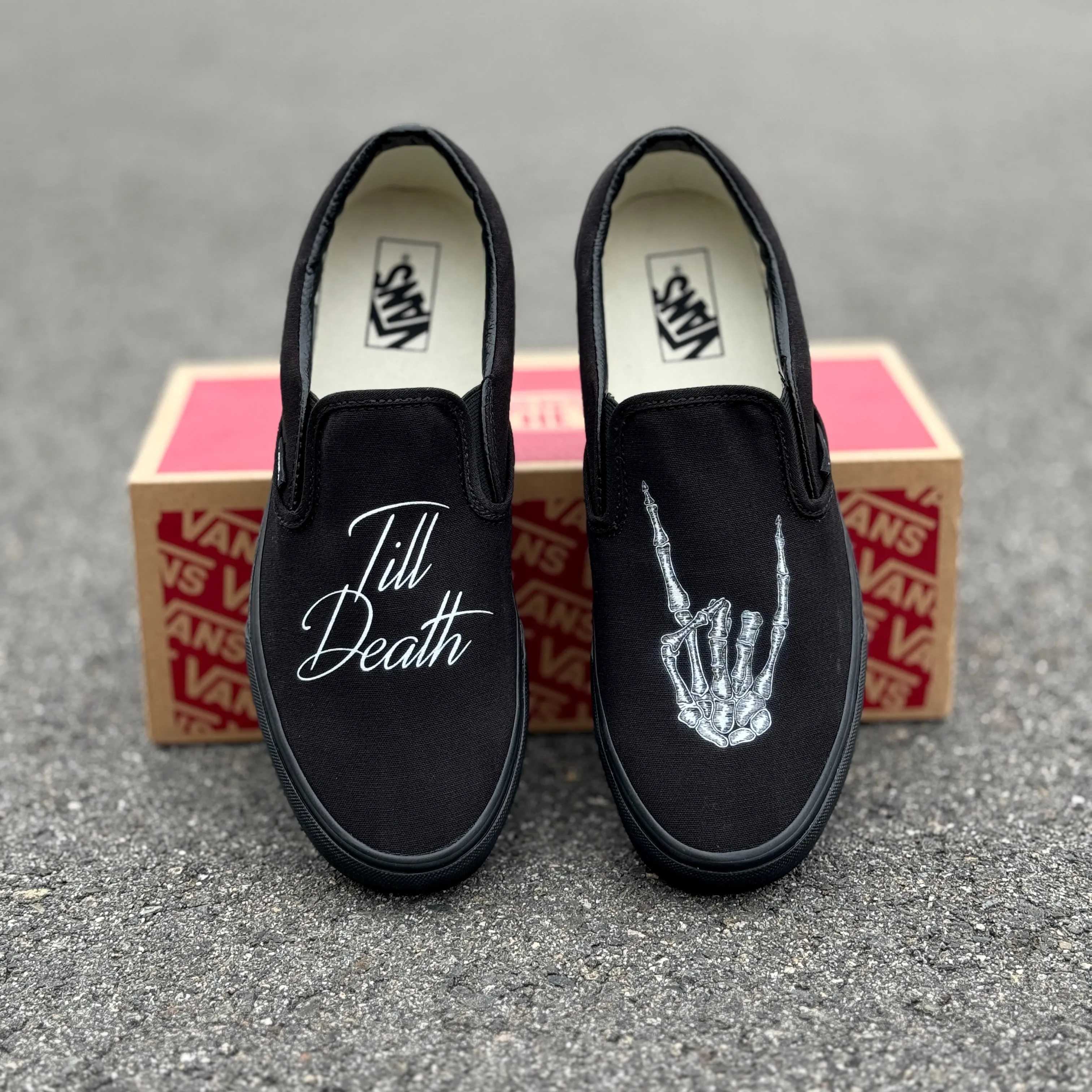 Till Death Custom Wedding Vans Black/Black Slip On Shoes for Men and Women