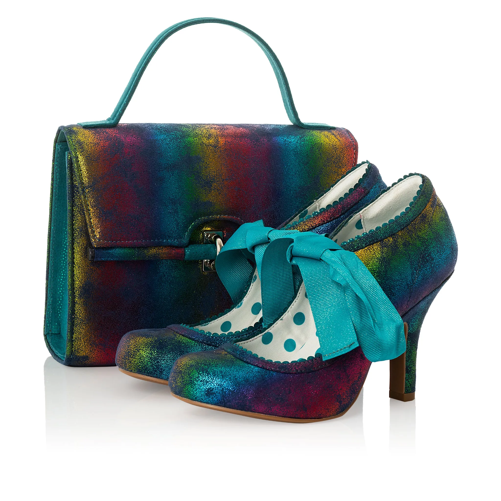 Willow Rainbow Turquoise High Heel Ribbon Bootie by Ruby Shoo