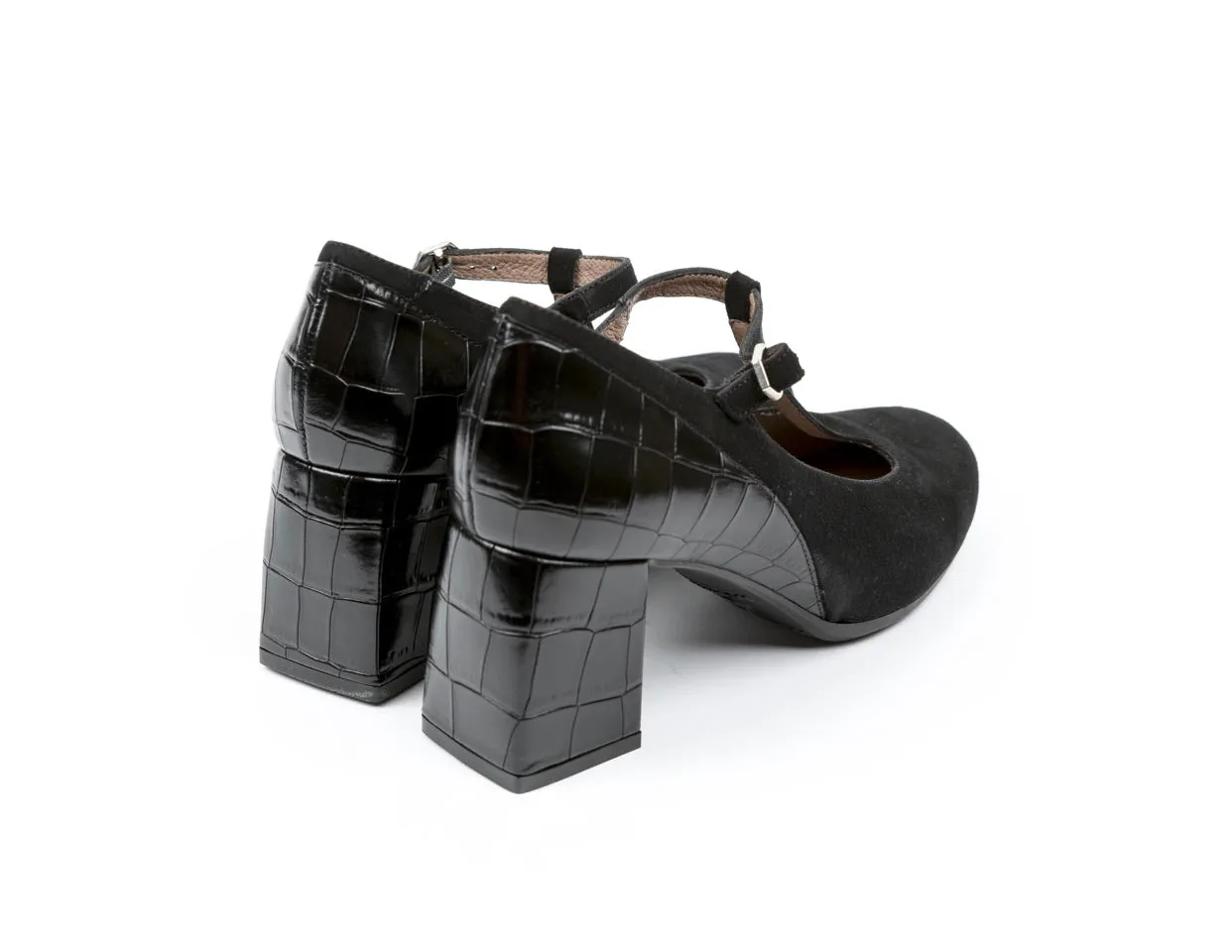 Wonders I-7734 Black Negro Suede Leather T-Bar Court Shoe Made In Spain